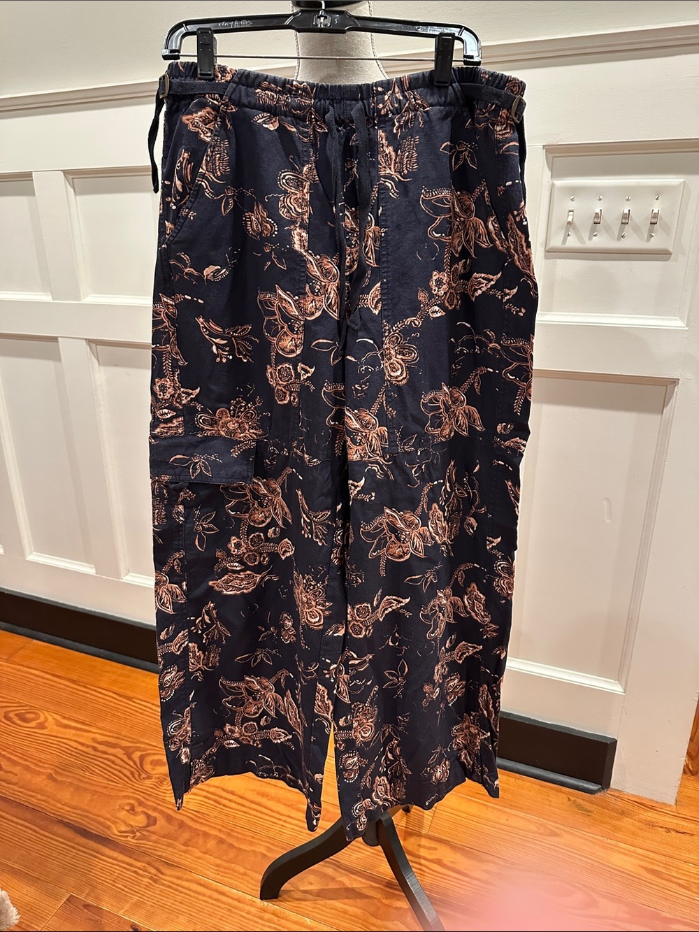 Pilcro Black Cargo Pants with Copper Floral Print
